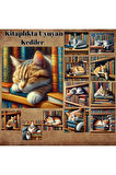 Kitaplıkta Uyuyan Kediler Vintage 12 Adet Scrapbook Bullet Journal Mat Planlayıcı Sticker Etiket Set
