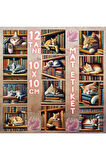 Kitaplıkta Uyuyan Kediler Vintage 12 Adet Scrapbook Bullet Journal Mat Planlayıcı Sticker Etiket Set