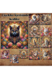 Çiçekler İçerisinde Kediler Vintage 12 Adet Scrapbook Bullet Journal Mat Planlı Sticker Etiket Seti