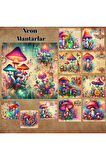 Neon Mantarlar Vintage 12 Adet Scrapbook Bullet Journal Mat Planlayıcı Sticker Etiket Seti