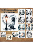 Kedi Yansıması Olan Sokaklar Vintage 12 Adet Scrapbook Bullet Journal Mat Planlayıcı Sticker