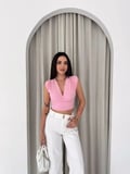 Vexor Vatkalı Kolsuz V Yaka Drapeli Crop Bluz Likralı Fit - Pembe