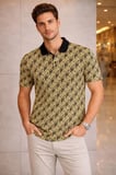 USLUCAN ALIŞVERİŞ Erkek Pike Kumaş Polo Yaka Palmiye Desenli Tişört Kısa Kol Yazlık T-Shirt - Sarı