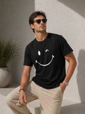 USLUCAN ALIŞVERİŞ Erkek Minimal Gülümseyen Yüz Baskılı Tişört Kısa Kol Yazlık T-Shirt - Siyah