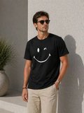 USLUCAN ALIŞVERİŞ Erkek Minimal Gülümseyen Yüz Baskılı Tişört Kısa Kol Yazlık T-Shirt - Siyah