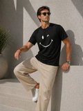 USLUCAN ALIŞVERİŞ Erkek Minimal Gülümseyen Yüz Baskılı Tişört Kısa Kol Yazlık T-Shirt - Siyah