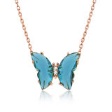 STİLLOVE Gümüş Rose Turkuaz Cam Kelebek Kolye