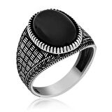 STİLLOVE Gümüş Oniks Taşlı Örgü Desenli Erkek Yüzük