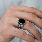 STİLLOVE Gümüş Oniks Taşlı Örgü Desenli Erkek Yüzük