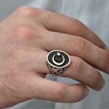 STİLLOVE Gümüş Yanları Desenli Ay Yıldız Erkek Yüzük