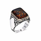 STİLLOVE ​Gümüş Sıkma Kehribar Taşlı Kare Erkek Yüzük