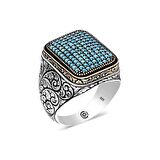 STİLLOVE Gümüş Turkuaz Zirkon Taşlı Kare Erkek Yüzük