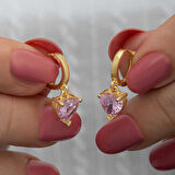 STİLLOVE Gümüş Gold Pembe Taşlı Kalpli Kadın Küpe