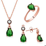 STİLLOVE Gümüş Yeşil Damla Taşlı Bayan Set