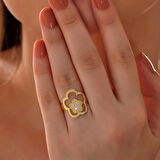 STİLLOVE ​Gümüş Gold Çiçek Desenli Kadın Yüzük