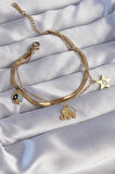 STİLLOVE 316L Çelik Gold Renk Çift Zincir Çoklu Aksesuarlı Bileklik