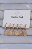 STİLLOVE 316L Çelik Gold Renk Zirkon Taşlı Çiçek Figürlü Kalp Model Halka Küpe Seti