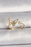 STİLLOVE Pirinç Gold Renk Zirkon Taşlı Kelebek Model İnci Detay Ayarlanabilir Yüzük