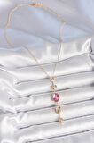 Pirinç Zincir Gold Renk Pembe Zirkon Taşlı Y Kolye SL11904