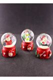 Dekoratif Hediye 3 Adet Yılbaşı Noel Baba ve Kardan Adam Temalı Mini Boy Işıklı Kar Küresi 6,5 cm