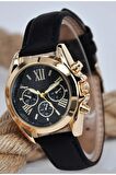 Siyah Deri Kordonlu Altın Renk Kasa Roma Rakamlı Genç Kız Kadın Kol Saati SU-908