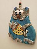 Seramik Balık Tutan Kedi Desenli Dekoratif El İşi Duvar Süsü