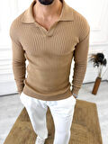 Kazak Slim Fit Polo Yaka Fitilli Yumuşak Dokulu Tüylenmez Sweatshirt