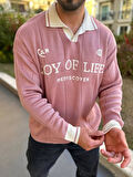 Kazak Oversize Polo Yaka Desenli Triko Yumuşak Dokulu Tüylenmez Nakış Detaylı Sweatshirt