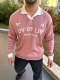 Kazak Oversize Polo Yaka Desenli Triko Yumuşak Dokulu Tüylenmez Nakış Detaylı Sweatshirt