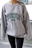 Gri Oversize Kadın Sweatshirt Seattle Nakışlı Üç Iplik