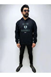Kapşonlu Ön Baskılı Erkek Sweatshirt Oversize