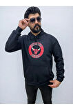 Kapşonlu Ön Baskılı Erkek Sweatshirt Oversize