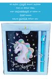 48 sayfalı çizgili desenli sayfalar 13x18 cm defter ebatı mavi mürekkepli jel kalem özel kutulu