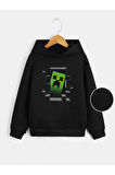 Pamuklu Minecraft Baskılı Erkek Çocuk Kapüşonlu Sweatshirt İki İplik Şardonlu