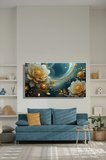 Kanvas Tablo Panoramik Yatay Tekli Salon Mutfak Yatak Odası Ofis 3D Gold Efekt Beyaz Çiçek 966
