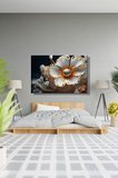 Dekoratif Yatay Kanvas Tablo Tekli Salon Mutfak Yatak Odası Ofis Beyaz Altın Renkli Çiçek 1693