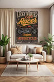 Kanvas Tablo Dikey Tekli Kafe Restoran Lucky Wheels Cafe Racer Vintage Motorsiklet 1858