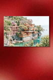 İtalya Sahil Kasabası Portofino'nun Panoramik Manzarası Yatay Kanvas Tablo Tekli Ev Kafe Ofis 3473