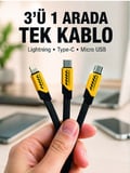3'lü Şarj Kablosu Hızlı Şarj Destekli Dayanıklı Örgü USB Kablo