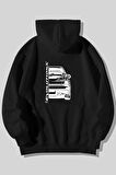 Mitsubishi Evolution Ön Arka Baskılı Unisex Siyah Kanguru Cepli Kapüşonlu Sweatshirt Hoodie | XL