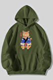 Üç İplik Anime Kedi Baskılı Unisex Çimen Kanguru Cepli Kapüşonlu Sweatshirt Hoodie | M