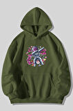 Üç İplik Astronot Baskılı Unisex Çimen Kanguru Cepli Kapüşonlu Sweatshirt Hoodie | M