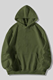 3 İplik Baskısız Çimen Kanguru Cepli Kapüşonlu Sweatshirt Hoodie | XL