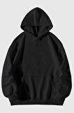 Baskısız Siyah (OKUL SWEATSHİRT) Kanguru Cepli Kapüşonlu Sweatshirt Hoodie | S