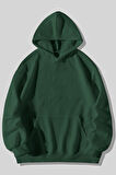 3 Iplik Kalın Pofuduk Baskısız Yeşil Unisex Kanguru Cepli Kapüşonlu Sweatshirt Hoodie | XL