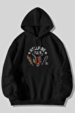 Stranger Things Hellfire Club Baskılı Unisex Siyah Kanguru Cepli Kapüşonlu Sweatshirt Hoodie | M