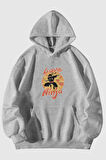 Love Ninja Baskılı Unisex Gri Kanguru Cepli Kapüşonlu Sweatshirt Hoodie | L