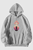 One Piece Luffy Baskılı Unisex Gri Kanguru Cepli Kapüşonlu Sweatshirt Hoodie | S