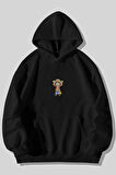 One Piece Luffy Baskılı Unisex Siyah Kanguru Cepli Kapüşonlu Sweatshirt Hoodie | XL