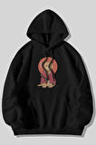 Samuray Kedi Anime Baskılı Unisex Siyah Kanguru Cepli Kapüşonlu Sweatshirt Hoodie | L